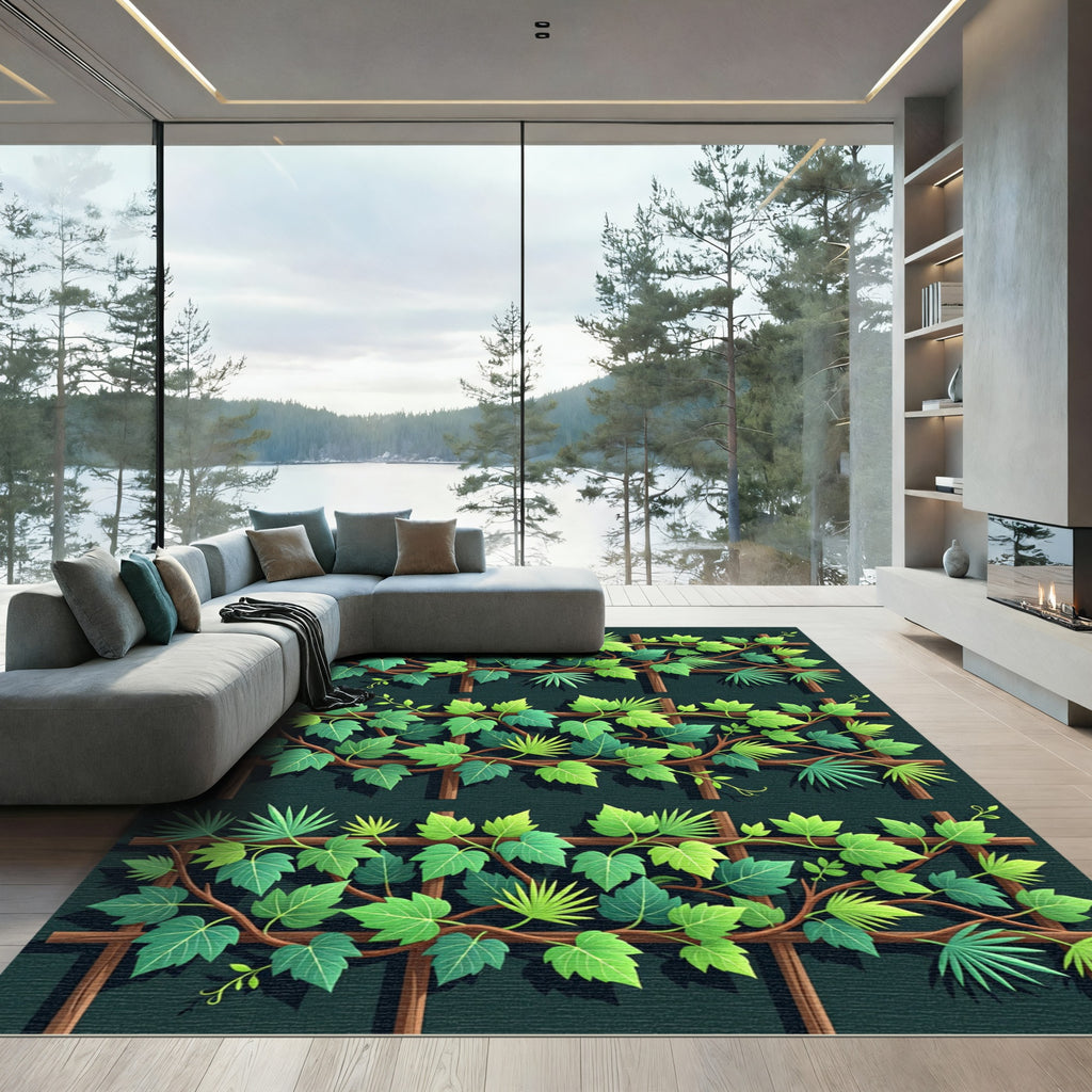 Lush Green Tropical Foliage Trellis Rug