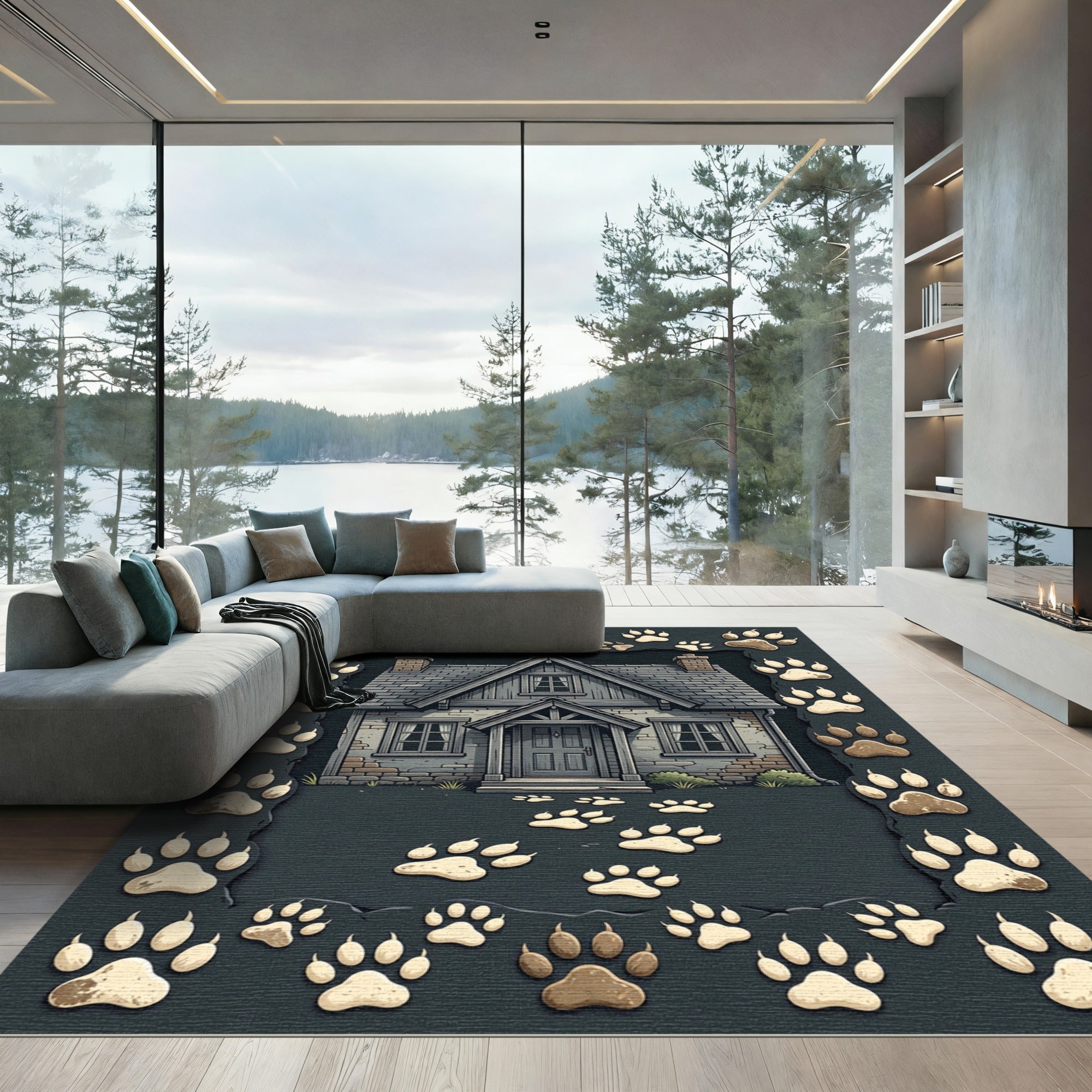 Charcoal Gray Rustic Paw Print Art Rug