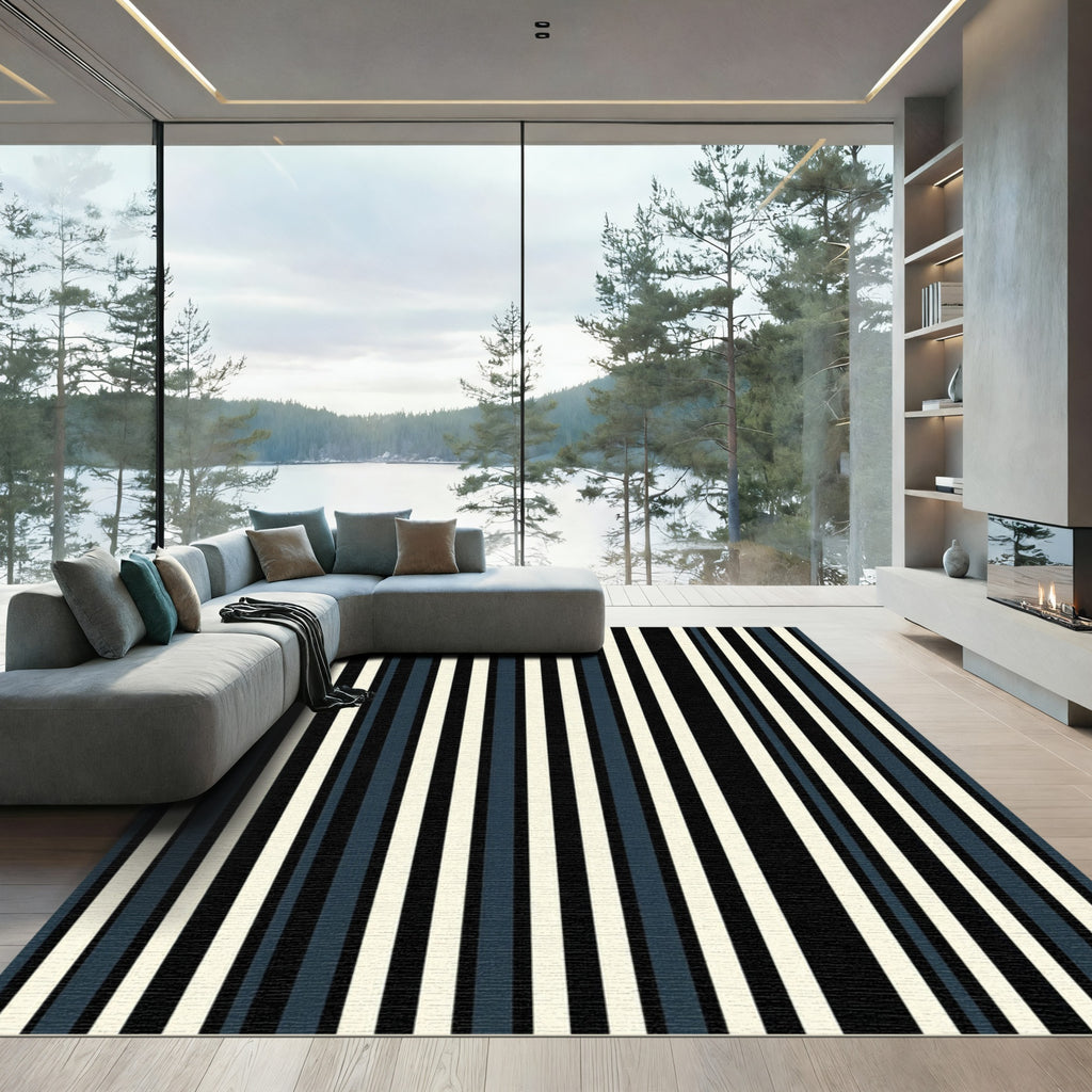 Minimalist Navy and Cream Vertical Stripe Rug