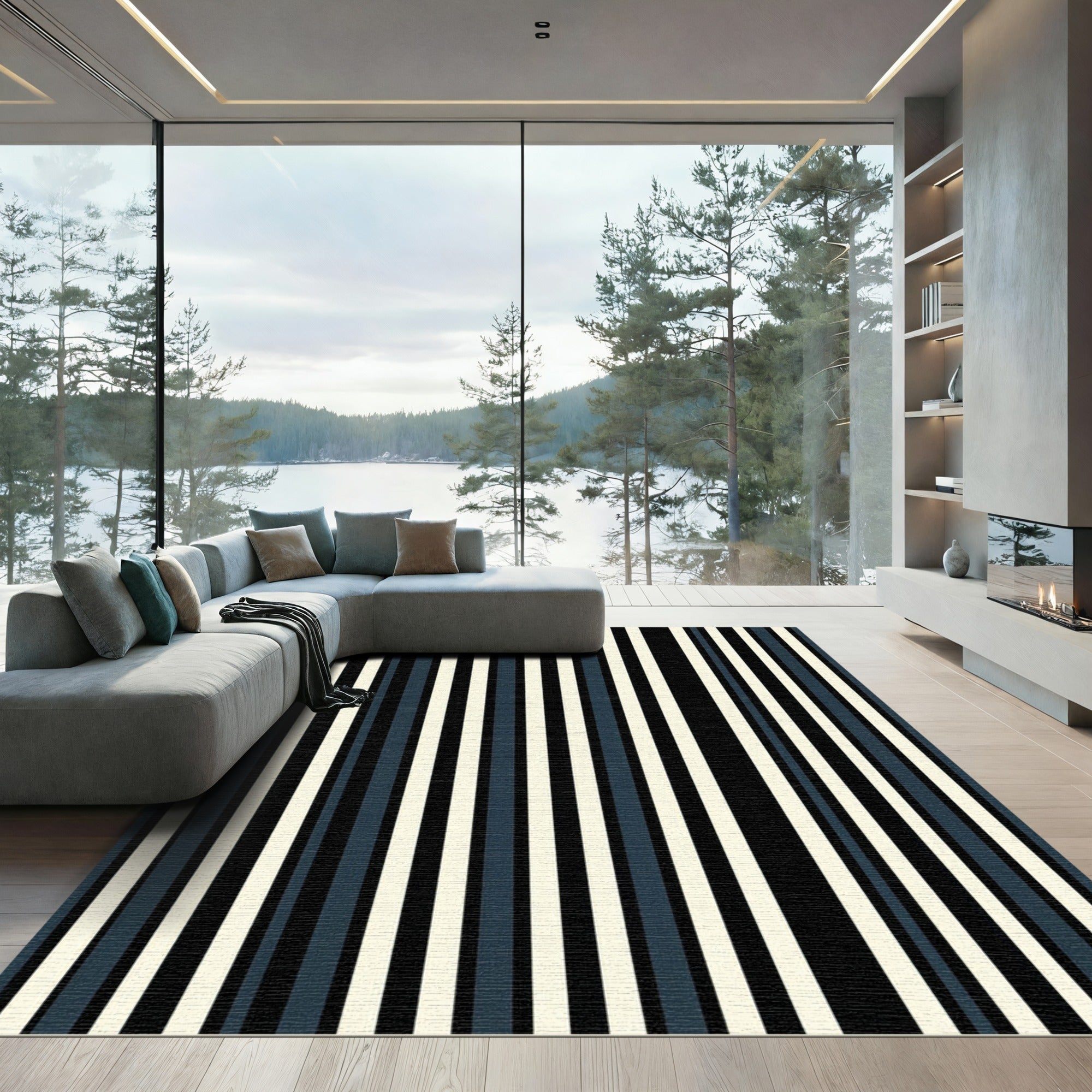 Minimalist Navy and Cream Vertical Stripe Rug