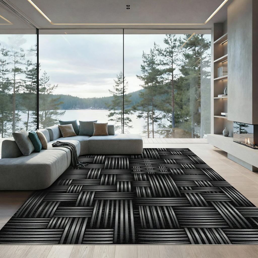 Monochrome Woven Texture Grid Rug
