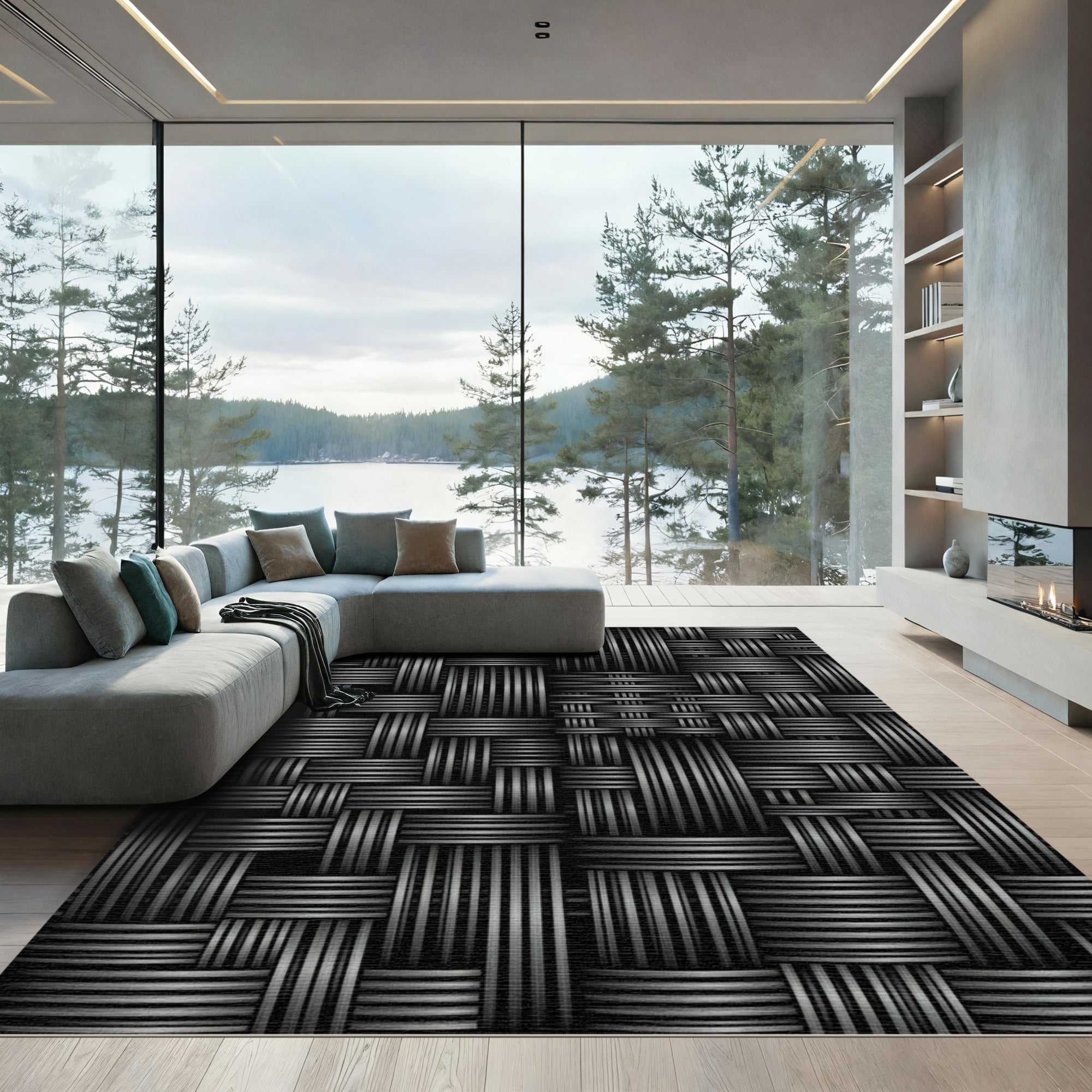 Monochrome Woven Texture Grid Rug