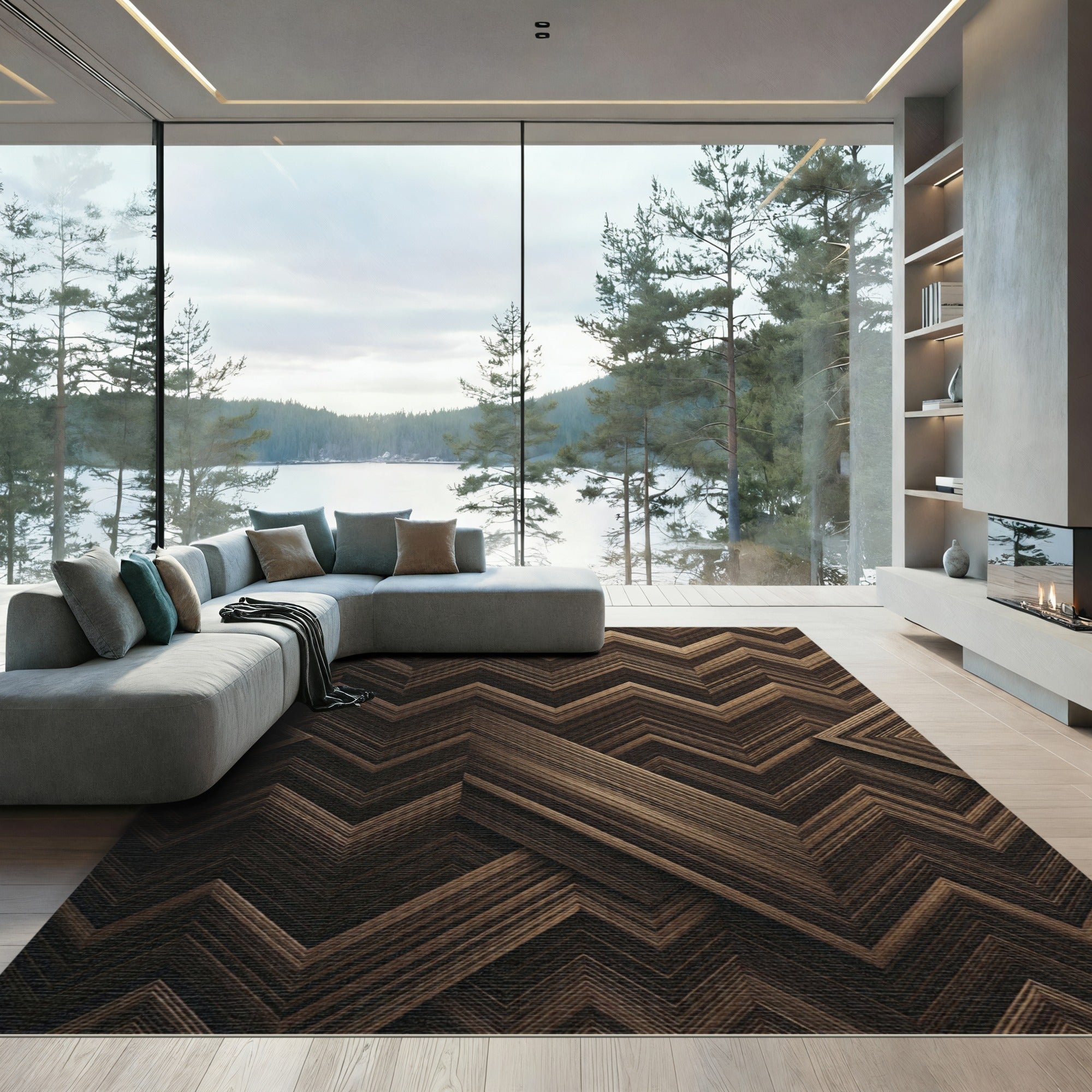 Modern Espresso Chevron Geometric Lines Rug