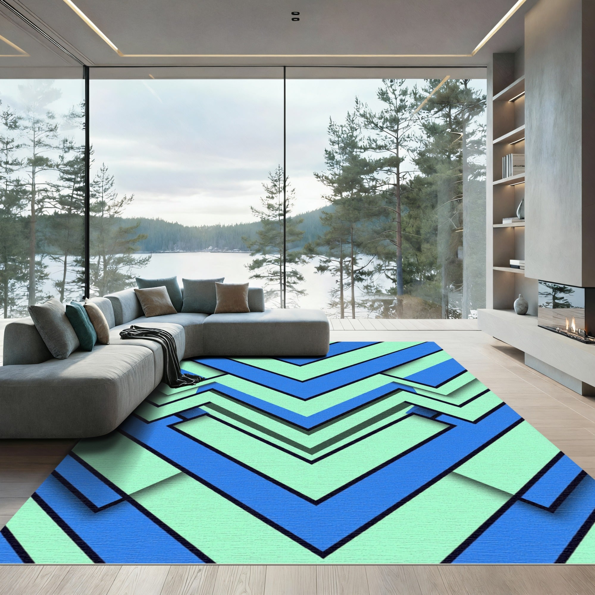 Geometric Mint and Azure Chevron Layered Rug