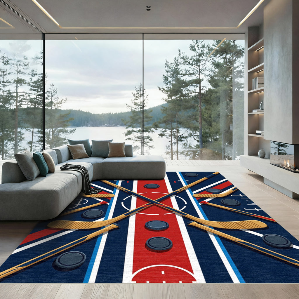 Dynamic Crossed Hockey Stick Ice Rink Rug