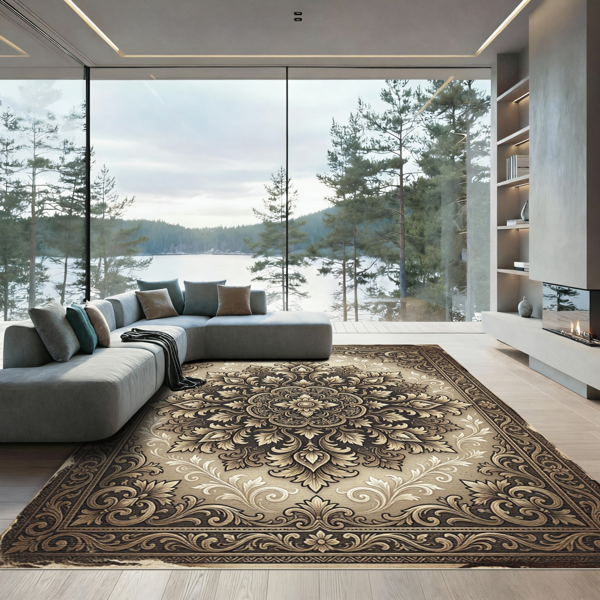 Ornate Gold Floral Damask Medallion Rug