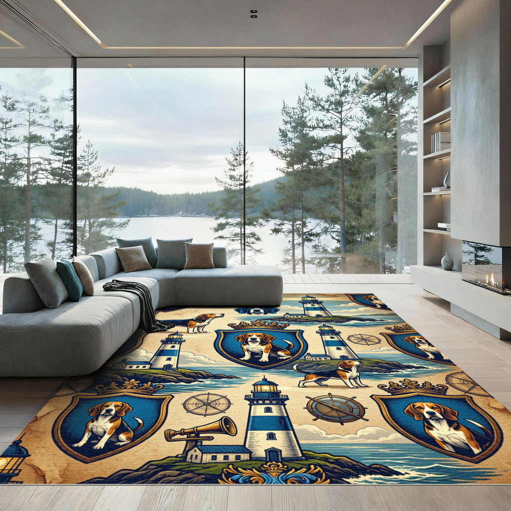 Nautical Beagle Lighthouse Navy Crest Rug