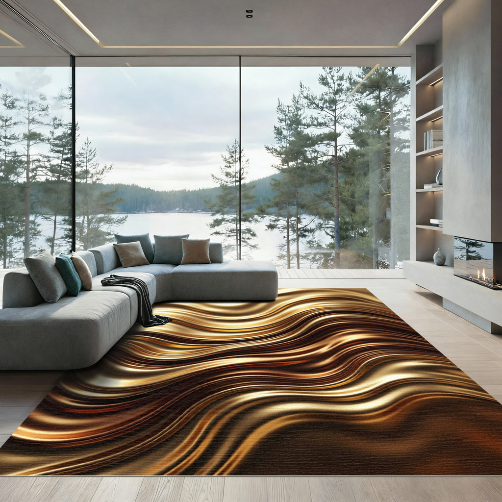 Liquid Gold Abstract Flowing Waves Rug