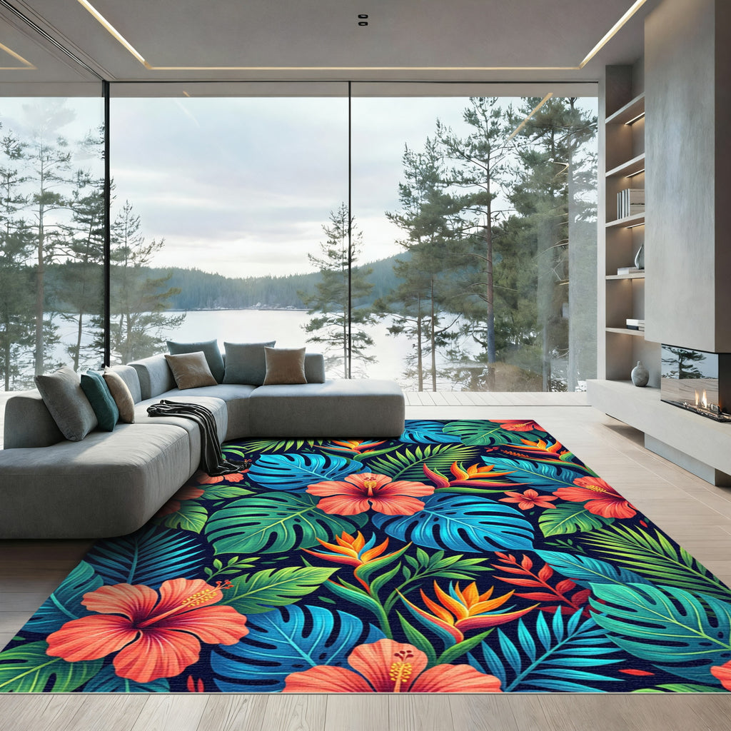 Vibrant Tropical Hibiscus and Monstera Leaves Rug