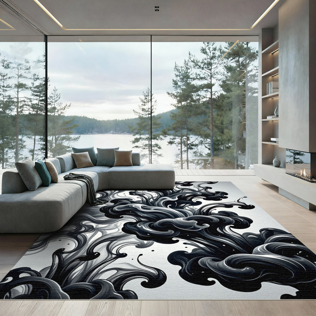 Monochrome Ink Swirl Abstract Composition Rug
