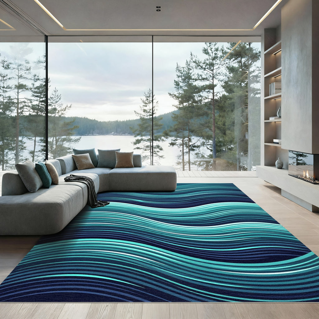Modern Teal Blue Rippling Ocean Wave Rug