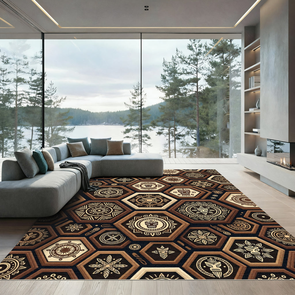 Beige Brown Hexagonal Tribal Totem Rug