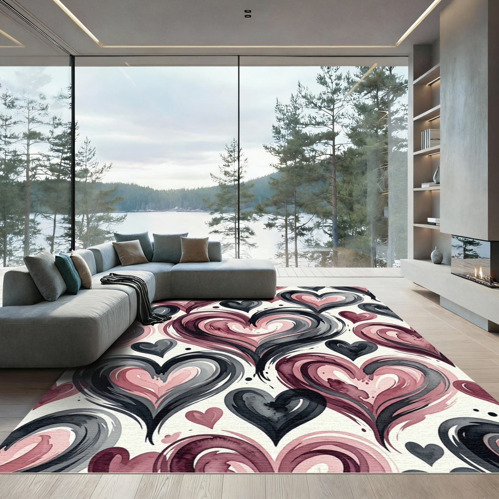 Watercolor Crimson Hearts Swirl Rug