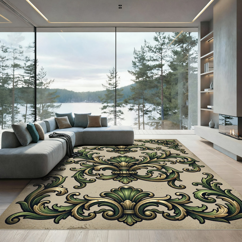 Ornate Green Gold Acanthus Scroll Rug