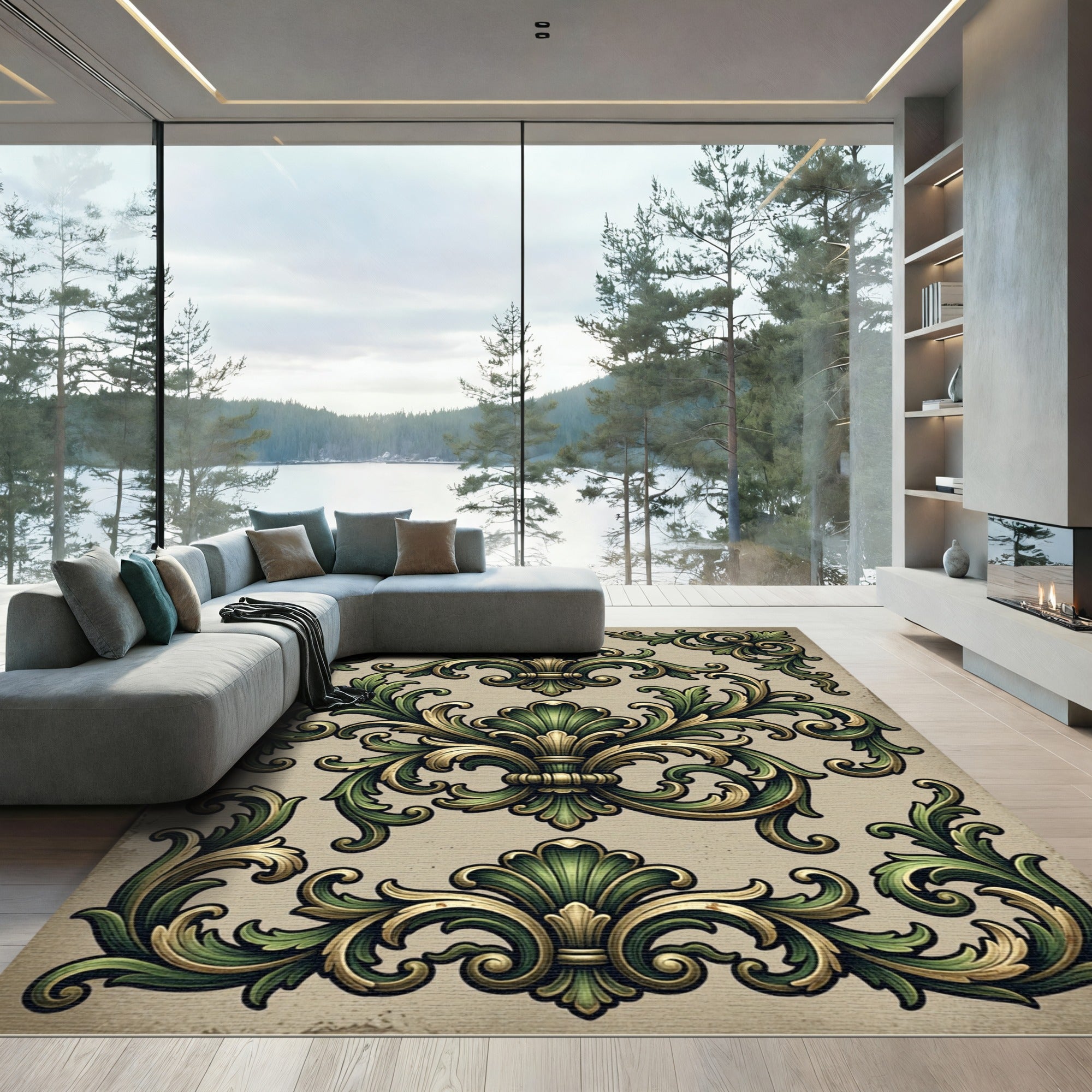 Ornate Green Gold Acanthus Scroll Rug