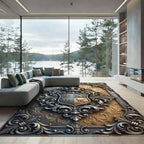 Ornate Golden Royal Crest Medallion Rug