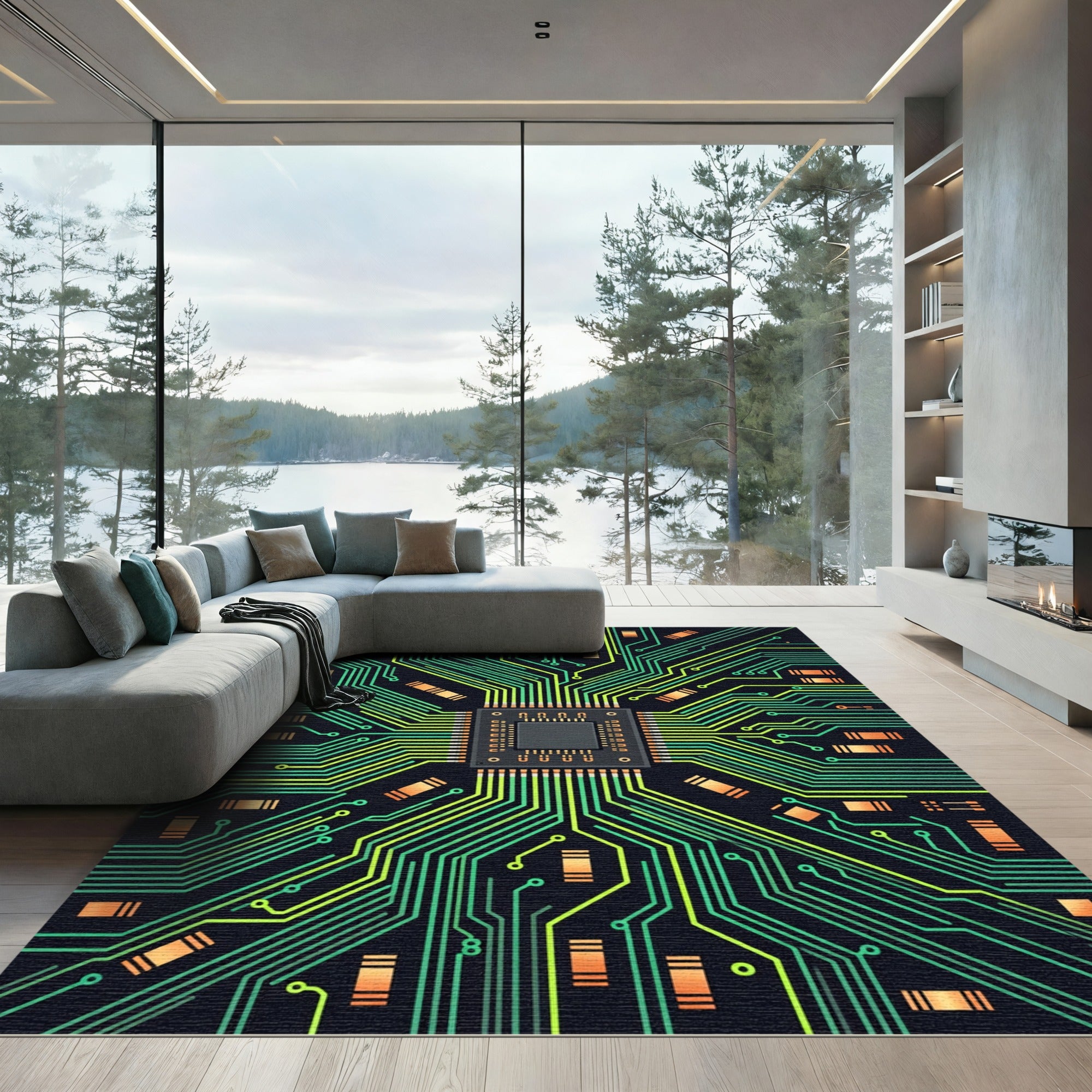 Circuit Board Green Tech Lines Rug
