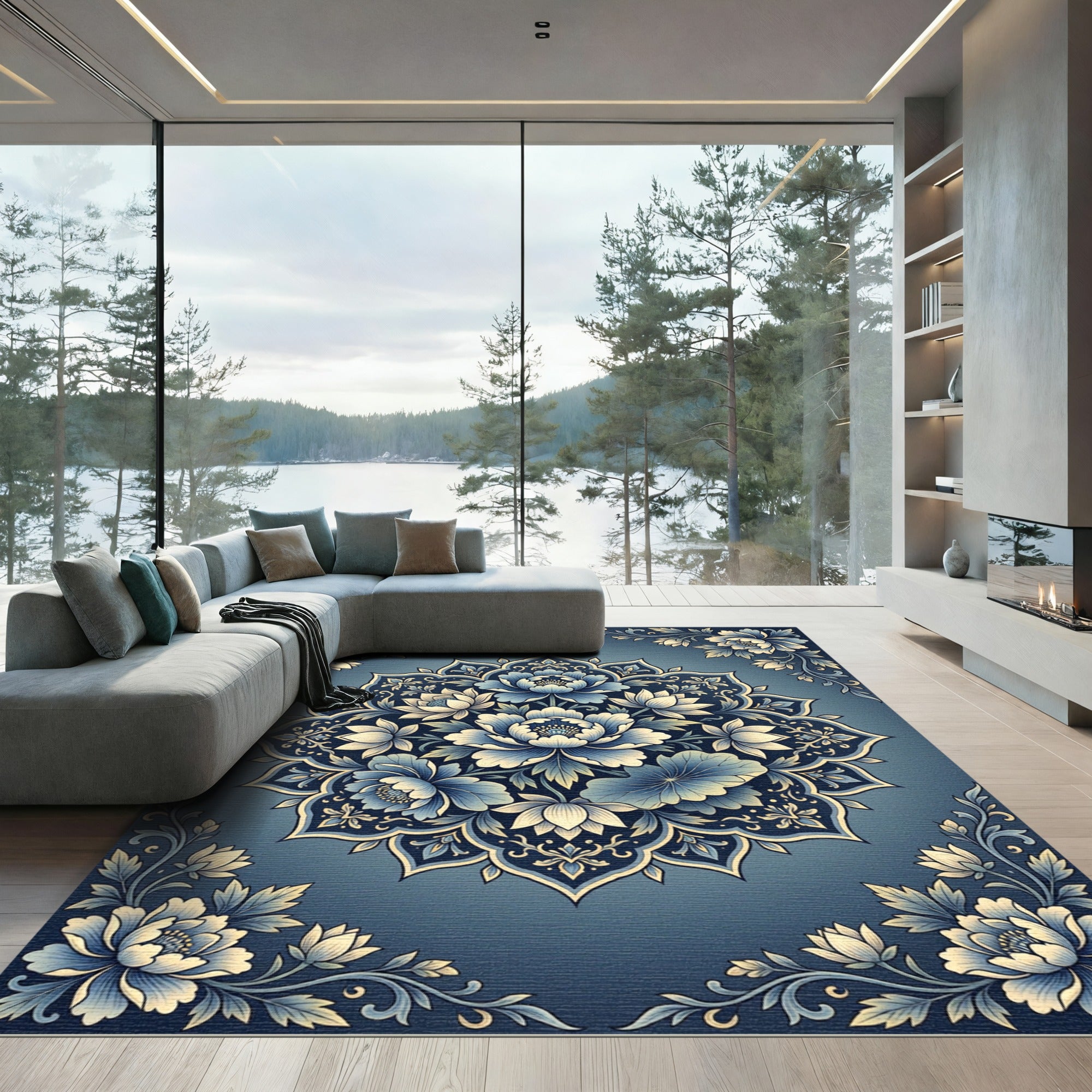 Navajo Blue Floral Mandala Rug