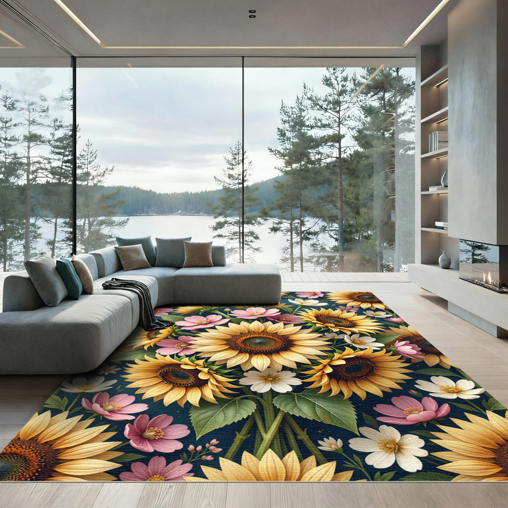 Vibrant Sunflower and Pink Cosmos Meadow Rug