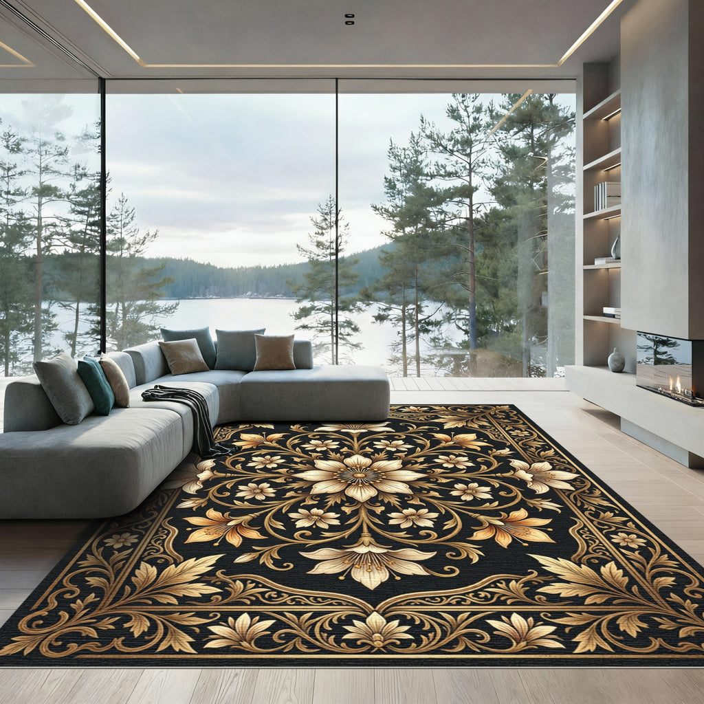 Golden Floral Scrollwork Medallion Rug