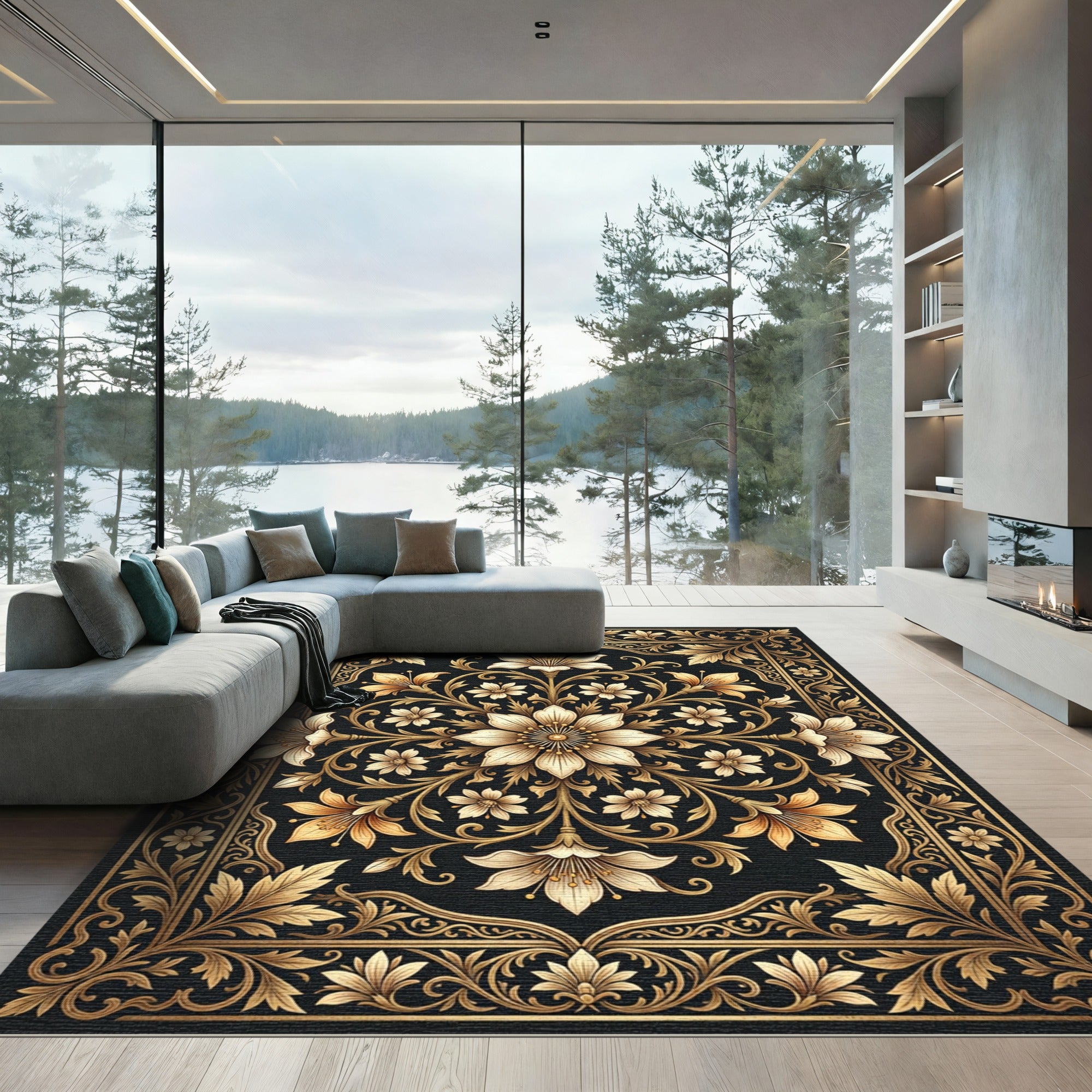 Golden Floral Scrollwork Medallion Rug
