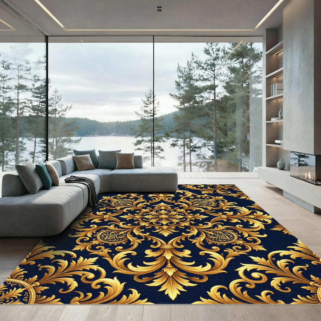 Ornate Gold Damask Navy Scroll Rug