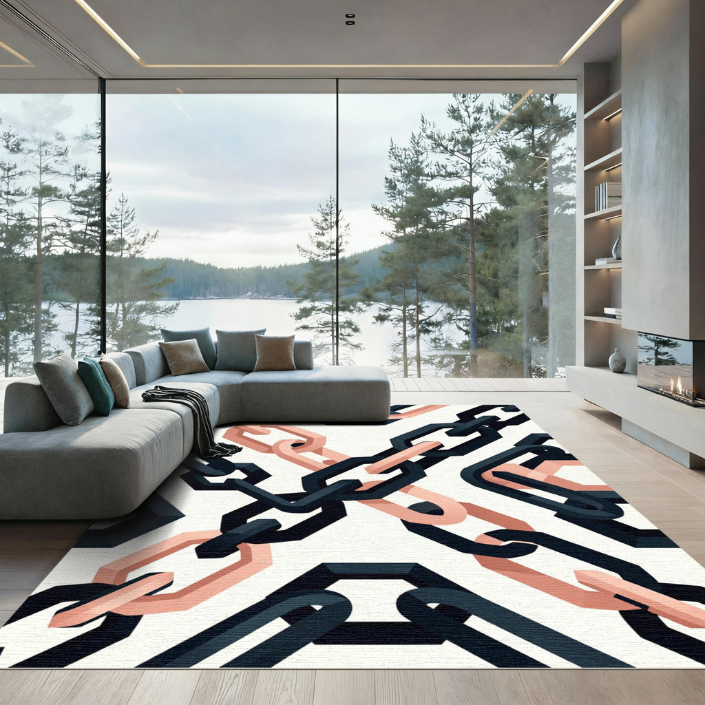 Geometric Black and Peach Linked Chain Rug