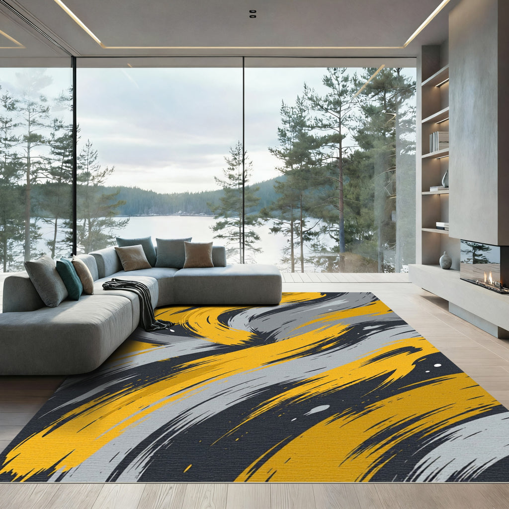 Yellow Gray Swirling Strokes Rug