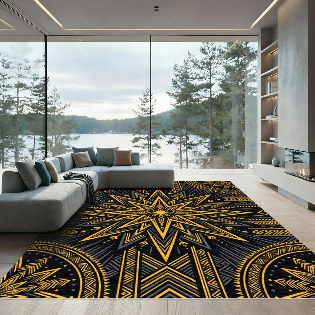 Striking Golden Star Geometric Onyx Decor Rug