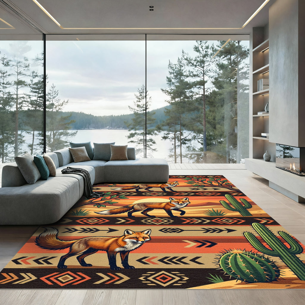 Sunset Desert Fox Geometric Border Rug