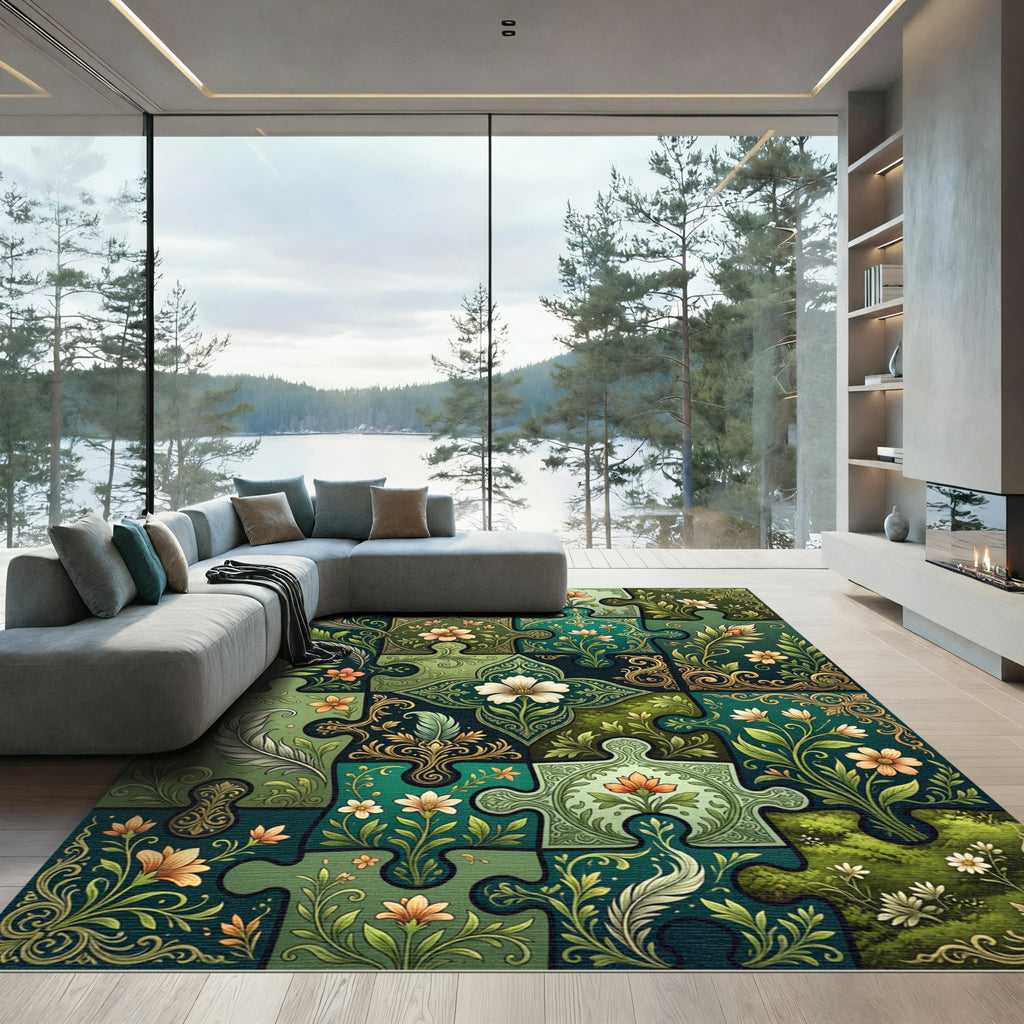 Emerald Green Floral Puzzle Artwork Rug