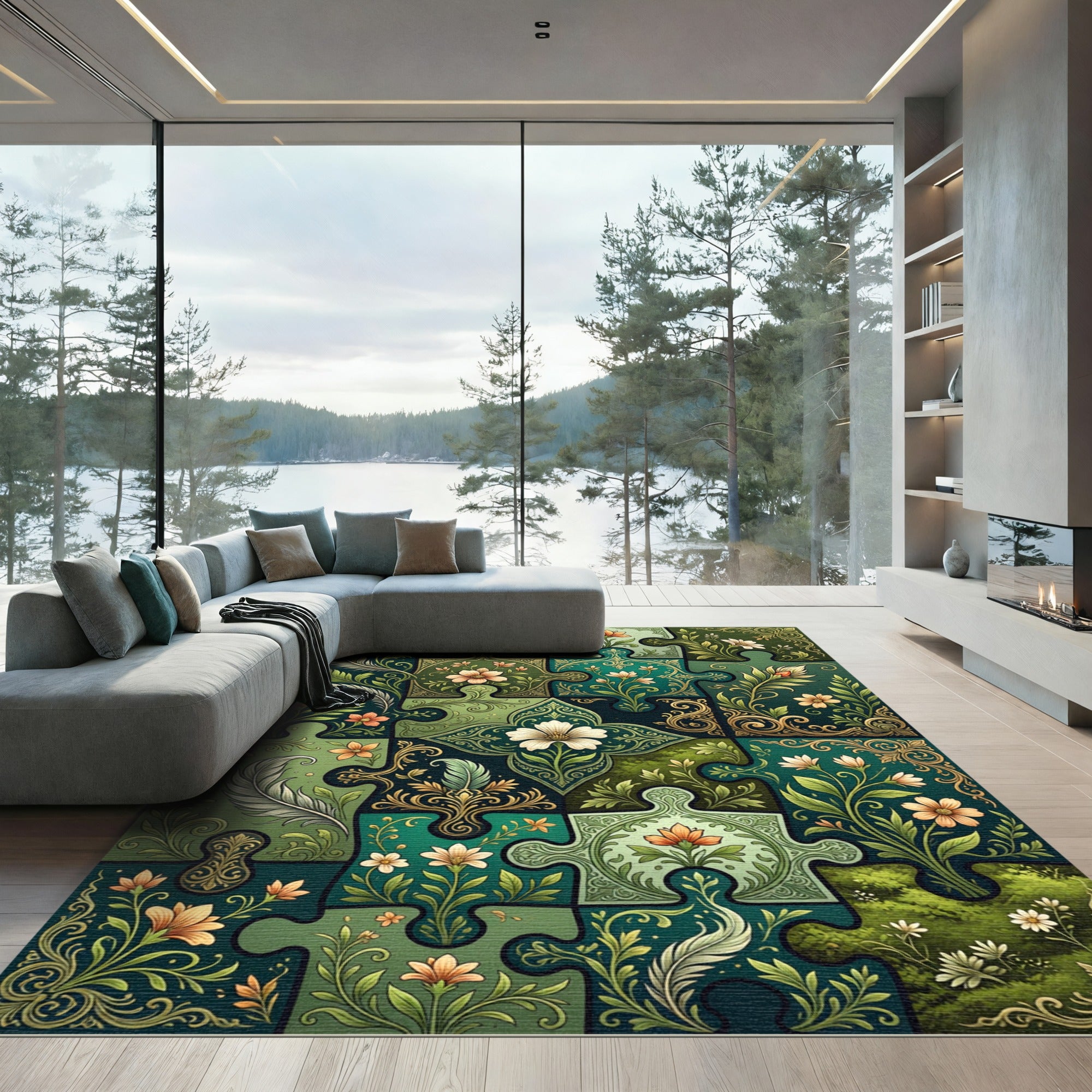 Emerald Green Floral Puzzle Artwork Rug