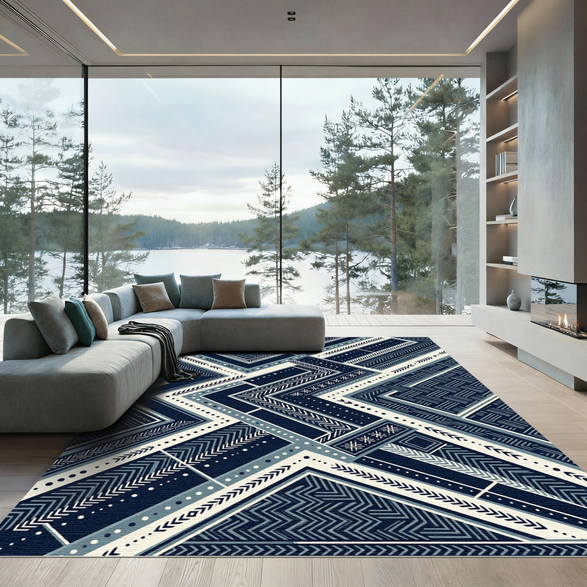 Navajo Blue Geo Stripes Composition Rug