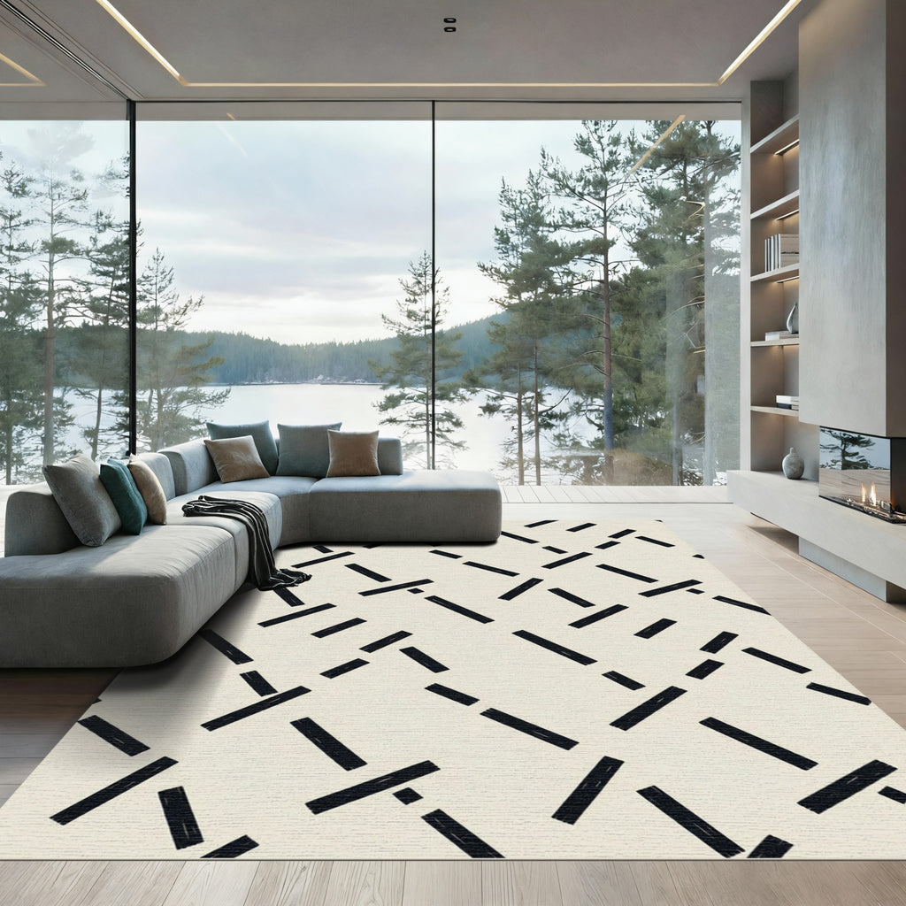 Black White Interlocking Stripe Rug