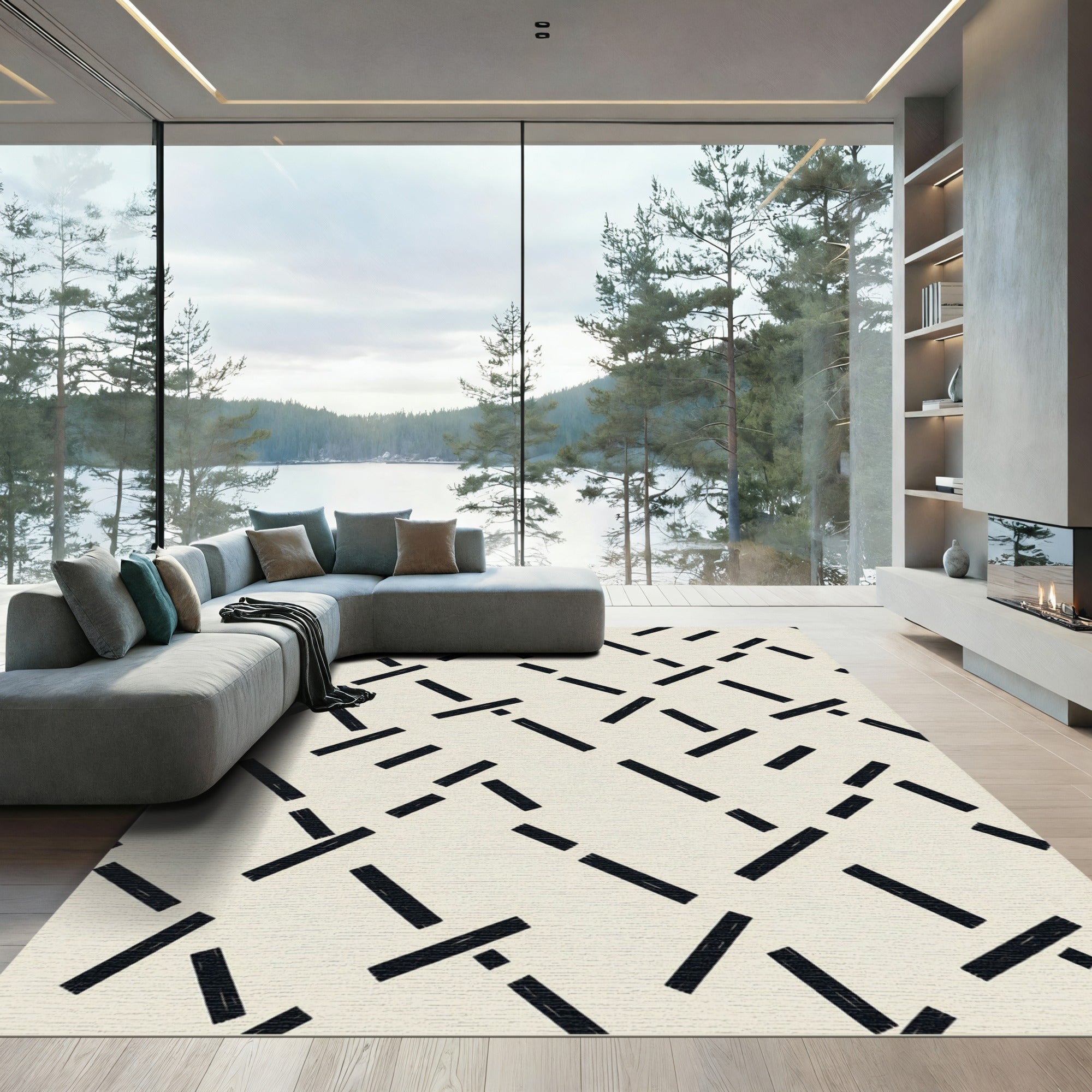 Black White Interlocking Stripe Rug