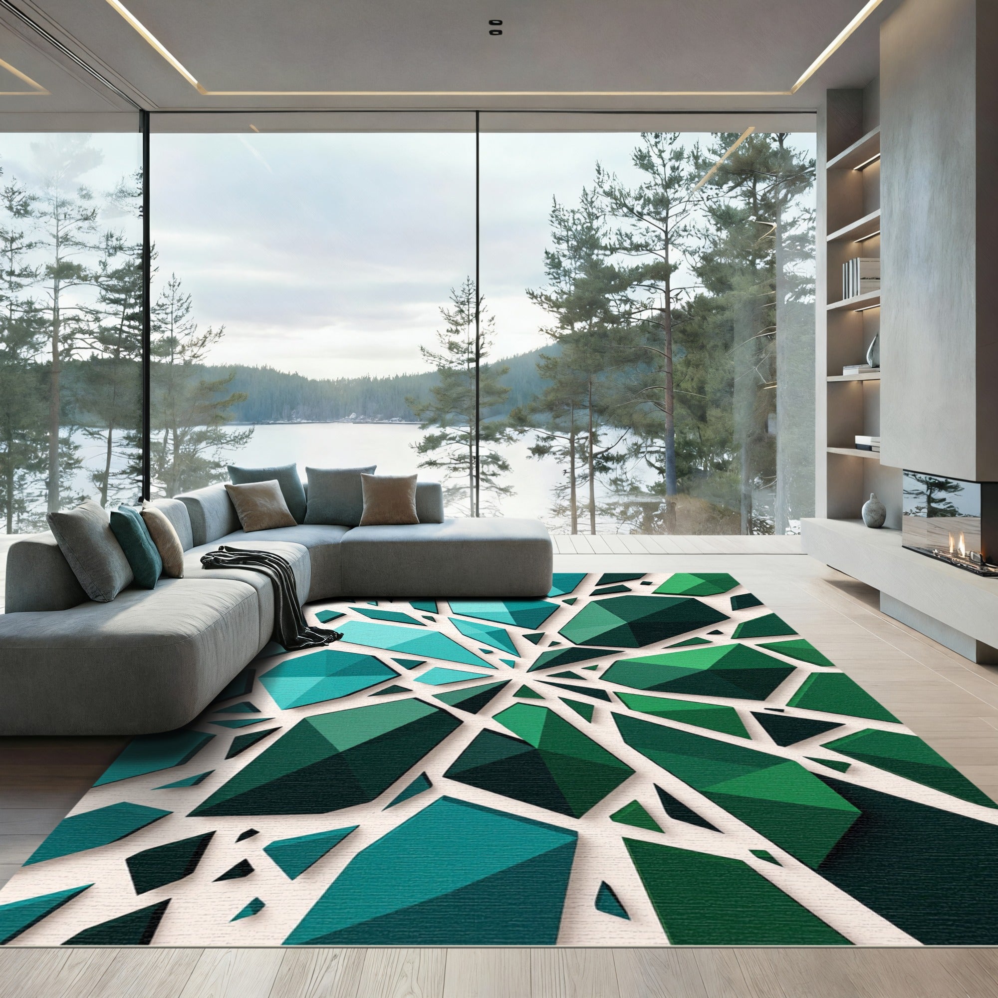 Emerald Geometric Abstract Shards Rug