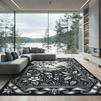 Monochrome Botanical Meadow Floral Illustration Rug