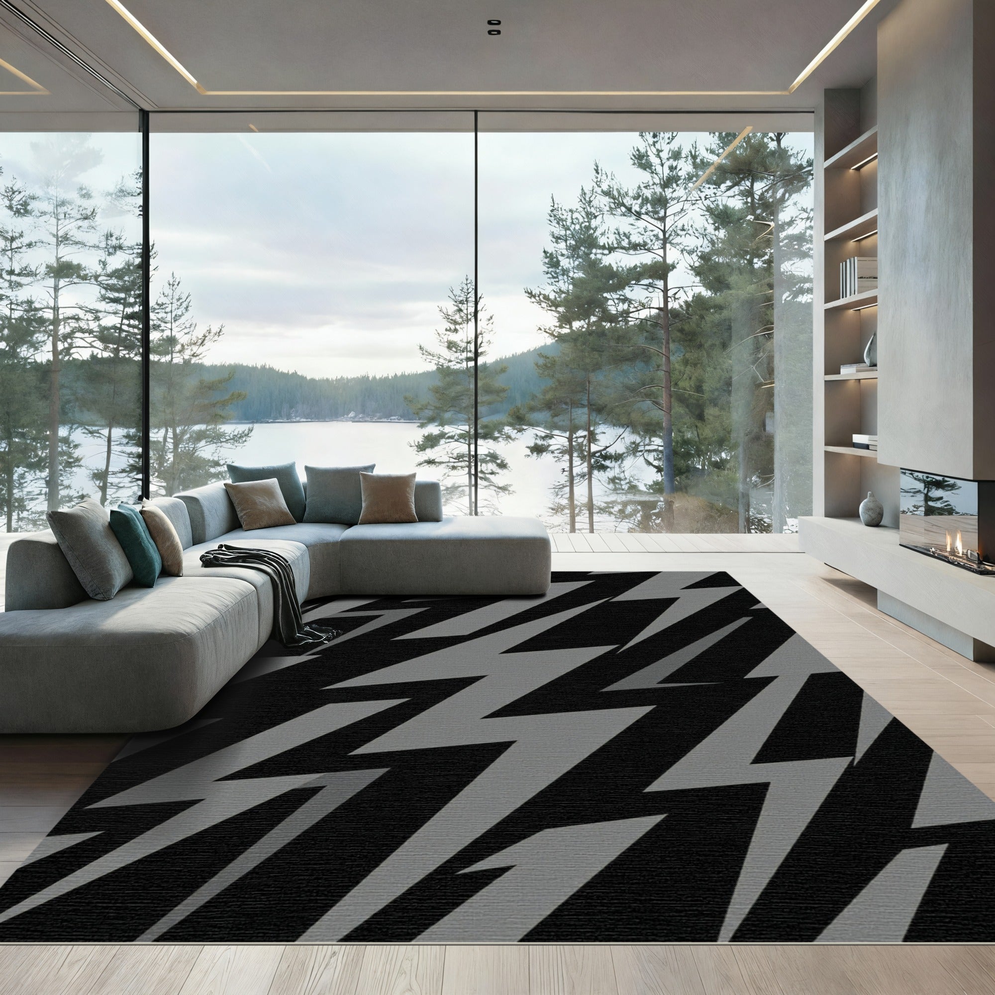 Bold Gray Lightning Bolt Pattern Rug