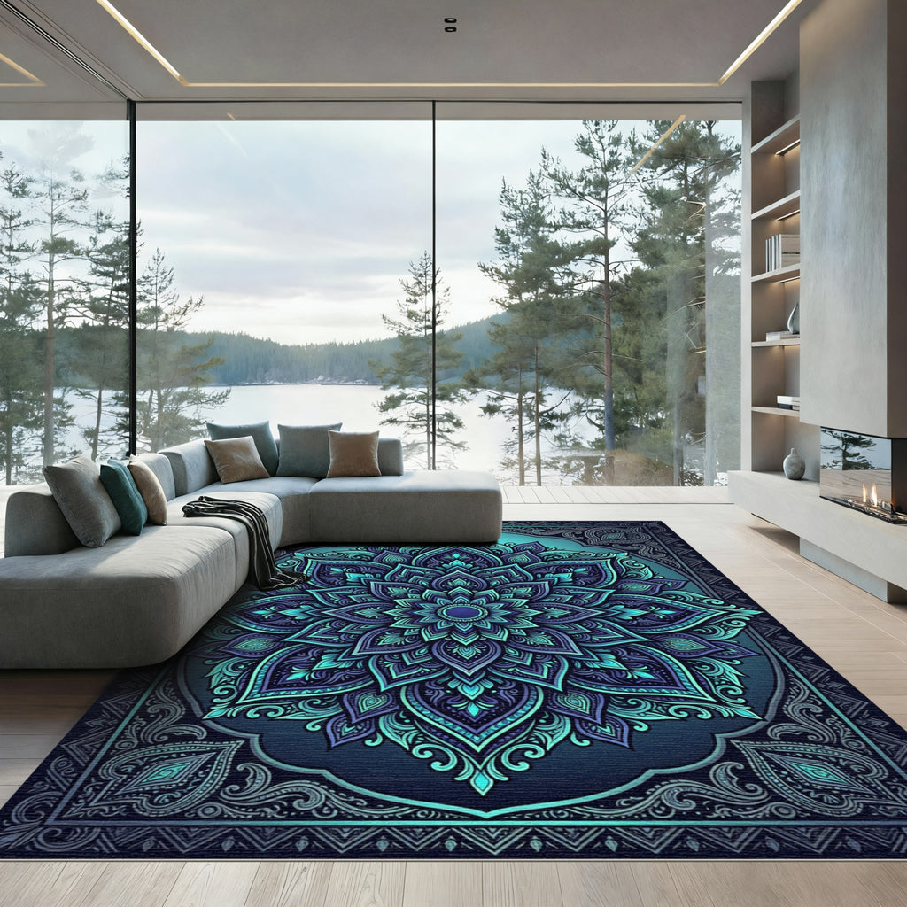 Radiant Teal Indigo Floral Mandala Rug