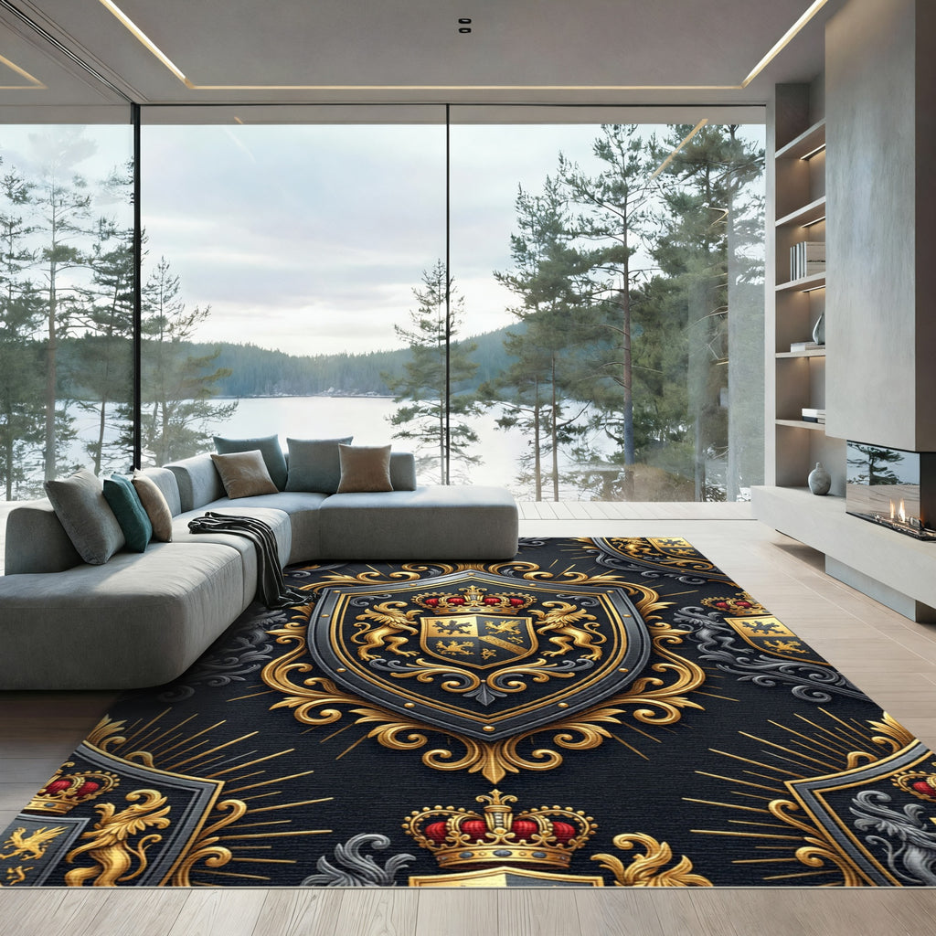 Royal Gold and Charcoal Heraldic Crest Rug