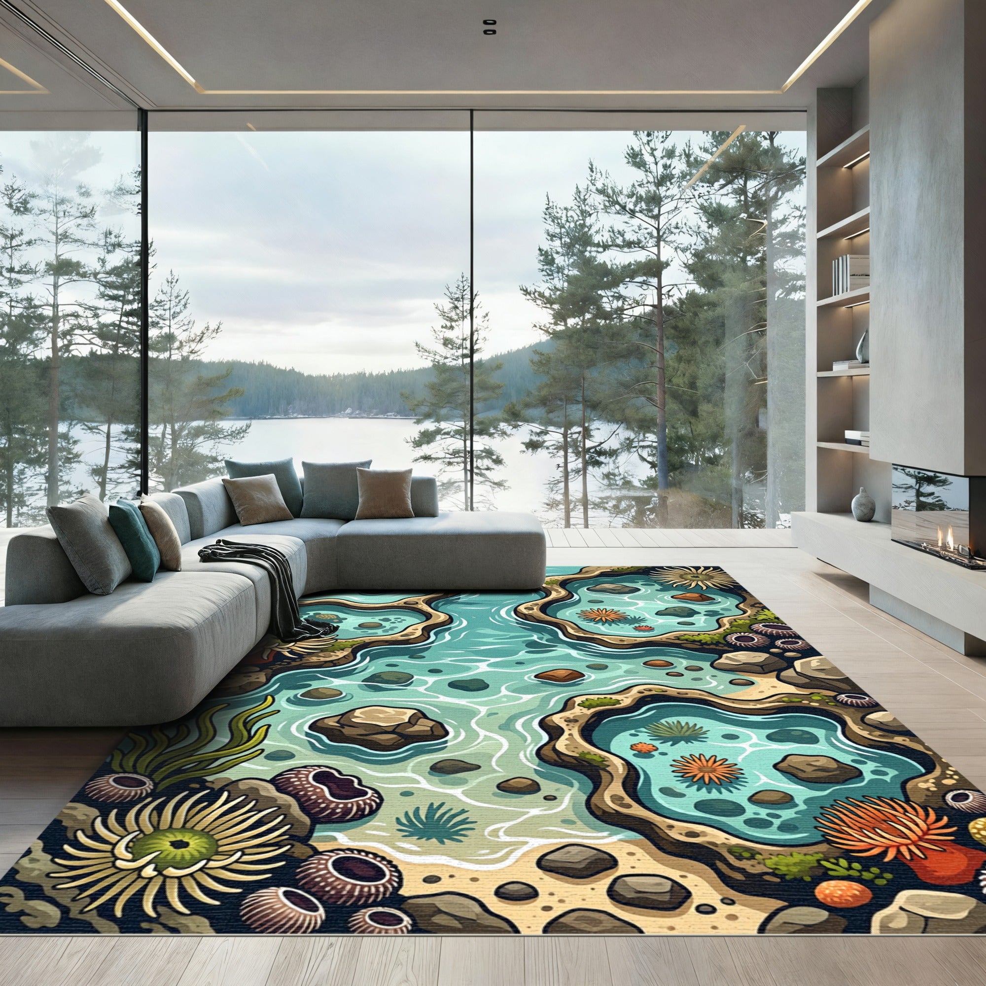 Turquoise Tide Pool Marine Life Rug