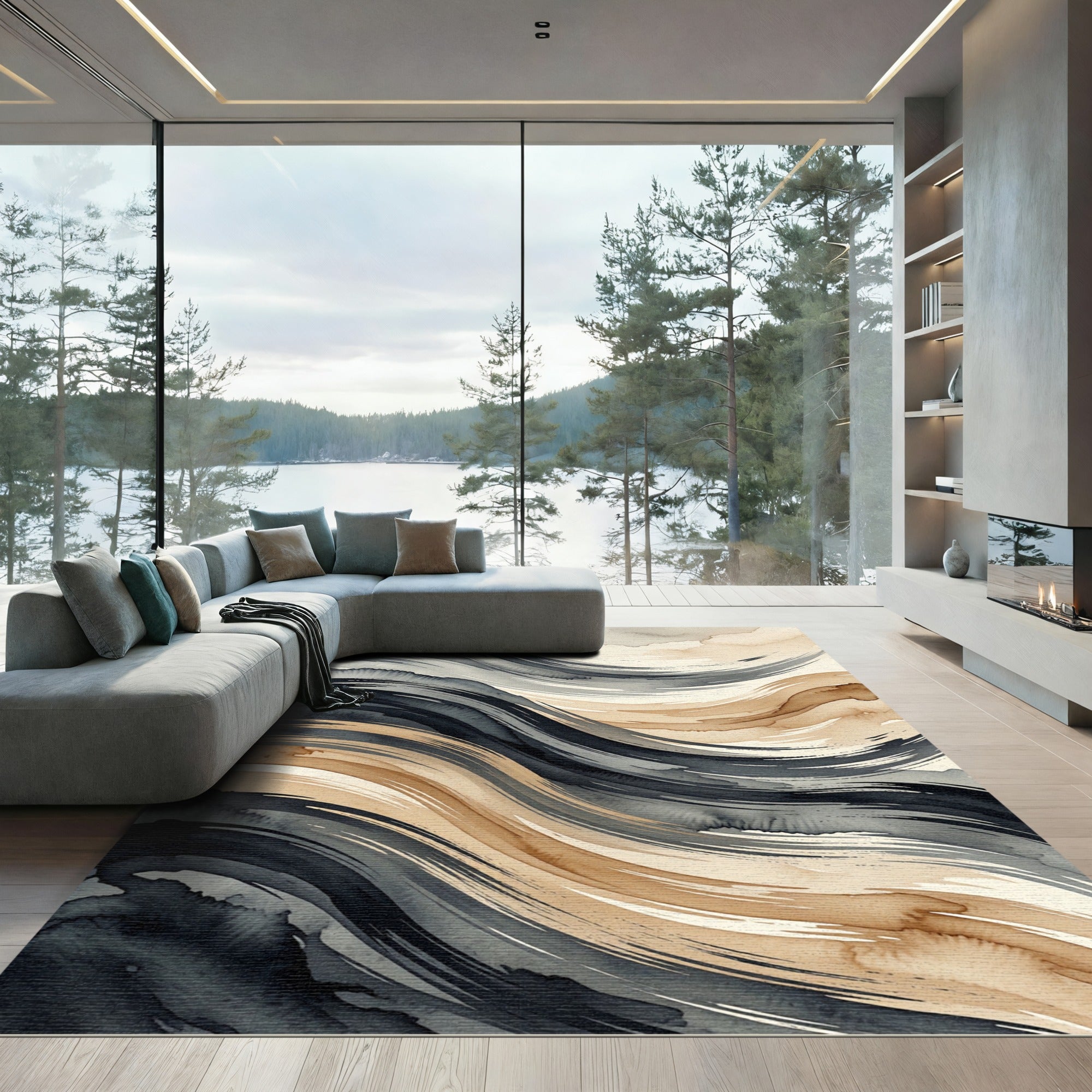Fluid Abstract Charcoal and Umber Wave Rug