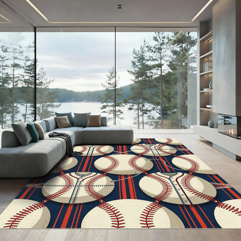 Cream Baseball Jersey Stripe Navy Graphic Rug