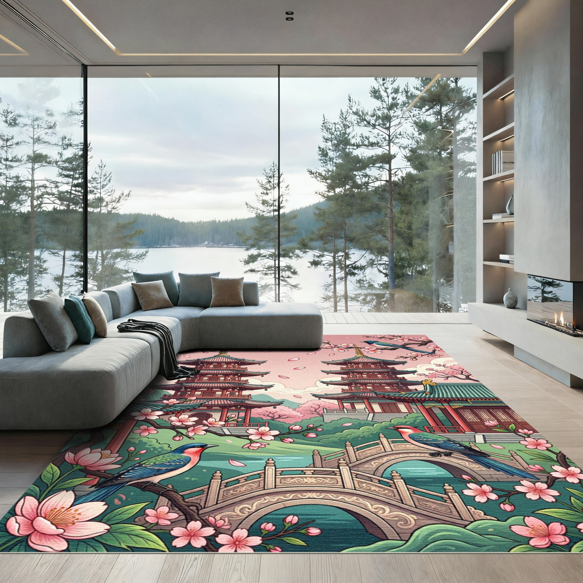 Pink Cherry Blossom Pagoda Birds Bridge Rug