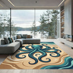 Teal Octopus Coastal Ocean Floor Rug