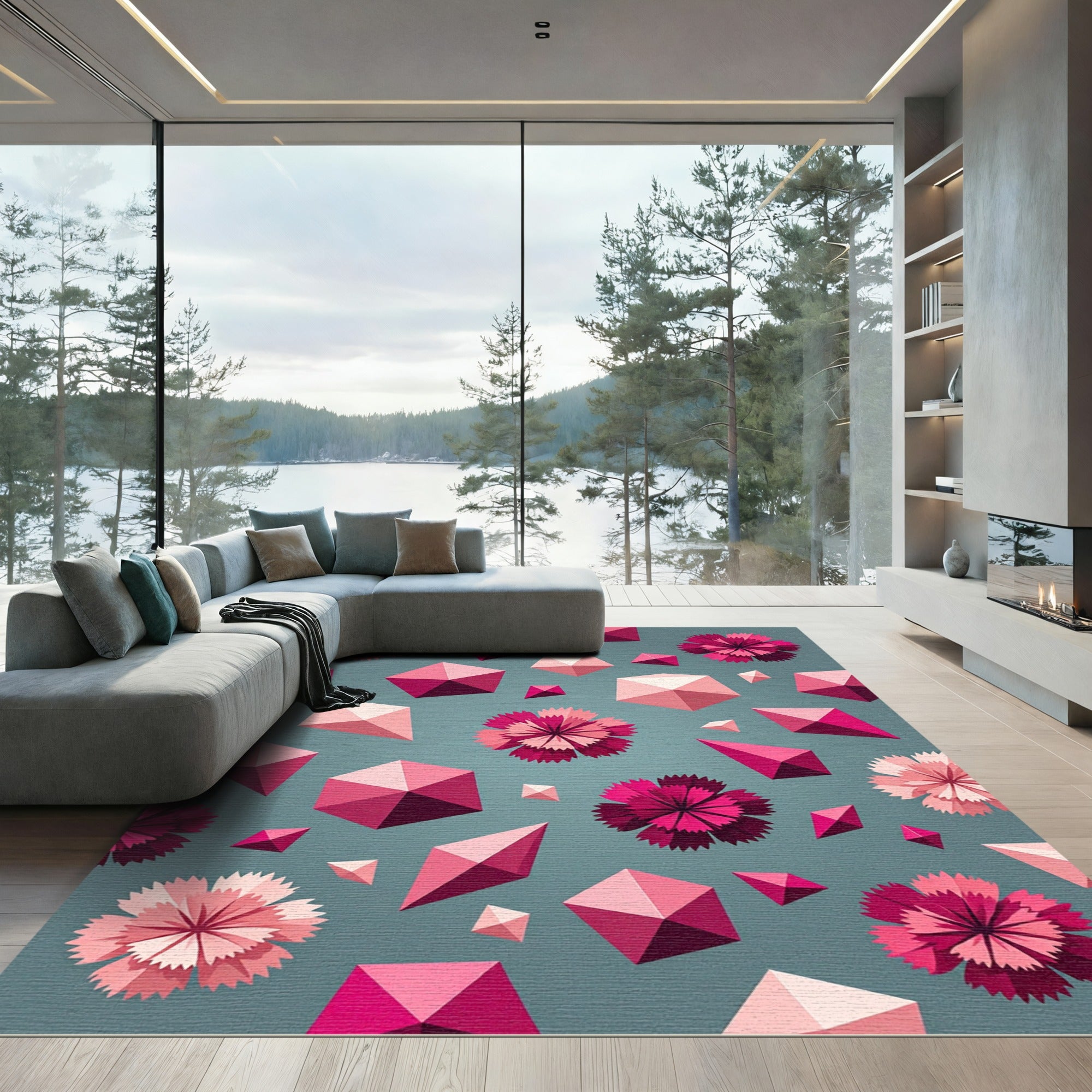Pink Geometric Floral Papercraft Art Rug