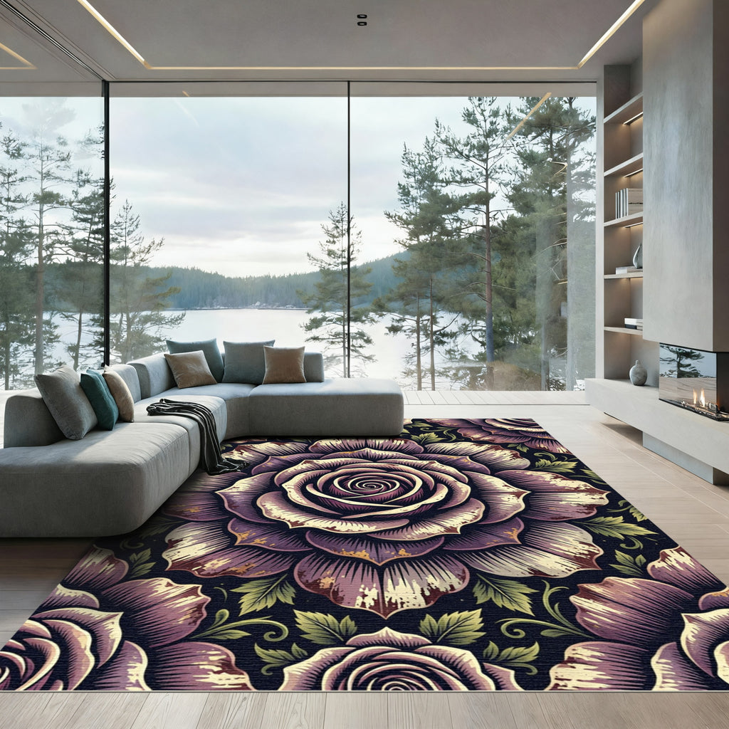 Vintage Violet Floral Engraved Medallion Rug