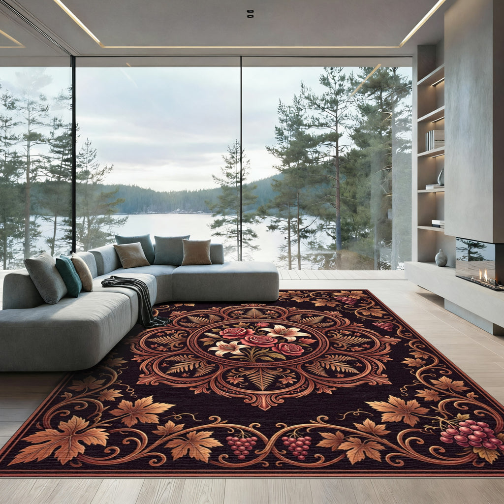 Ornate Rose Lily Grapes Medallion Rug