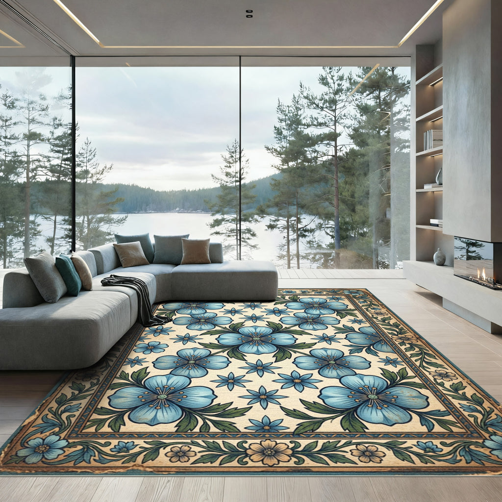 Vintage Blue Floral Botanical Tapestry Rug