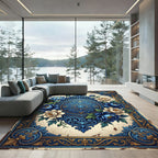 Elegant Blue Floral Medallion Scrollwork Rug